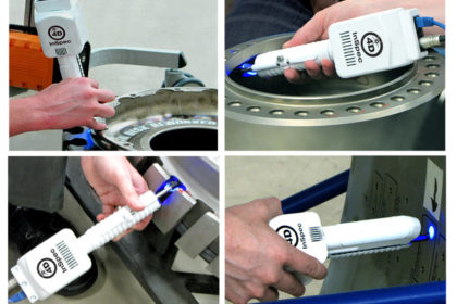 4D InSpec measuring difficult to access areas of an aircraft engine fan disk and casing. Images courtesy StandardAero 4D InSpec measuring difficult to access areas of an aircraft engine fan disk and casing. By eliminating the need for replication measurement time is reduced from over an hour to less than a minute. Images courtesy StandardAero.